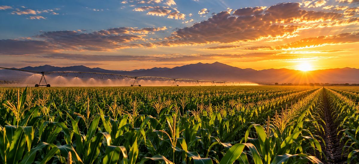 Center-pivot irrigation over a cornfield at sunset with mountains in the distance