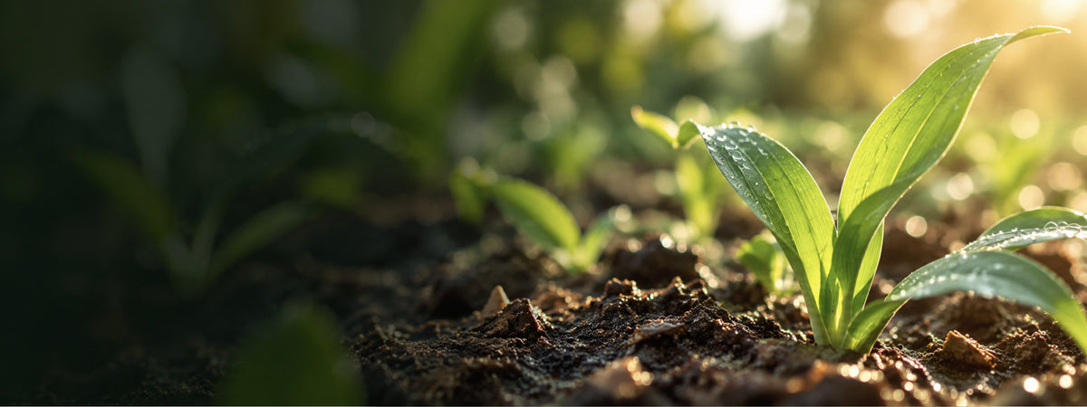 Young seedling growing from dark, moist soil in morning light